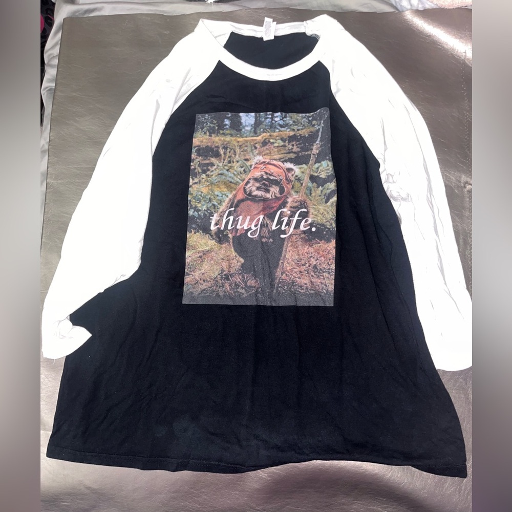 2XL Black and White Raglan Tee with Ewok “Thug Life” Graphic Print